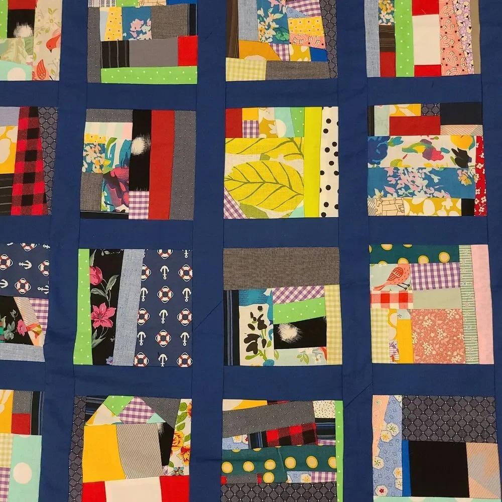 Scrappy Patchwork Colorful Crumb Crazy Baby Lap Quilt Top Blue Sashing 42